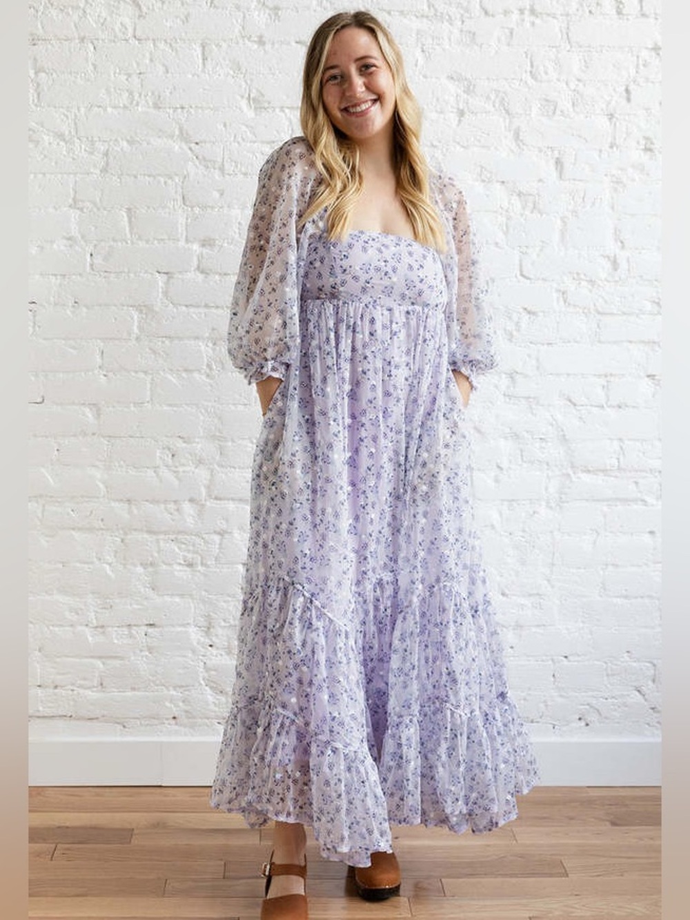 Storia Mila Maxi Dress Square Neck Swiss Dot Baby Doll Floral Lilac Purple S NWT